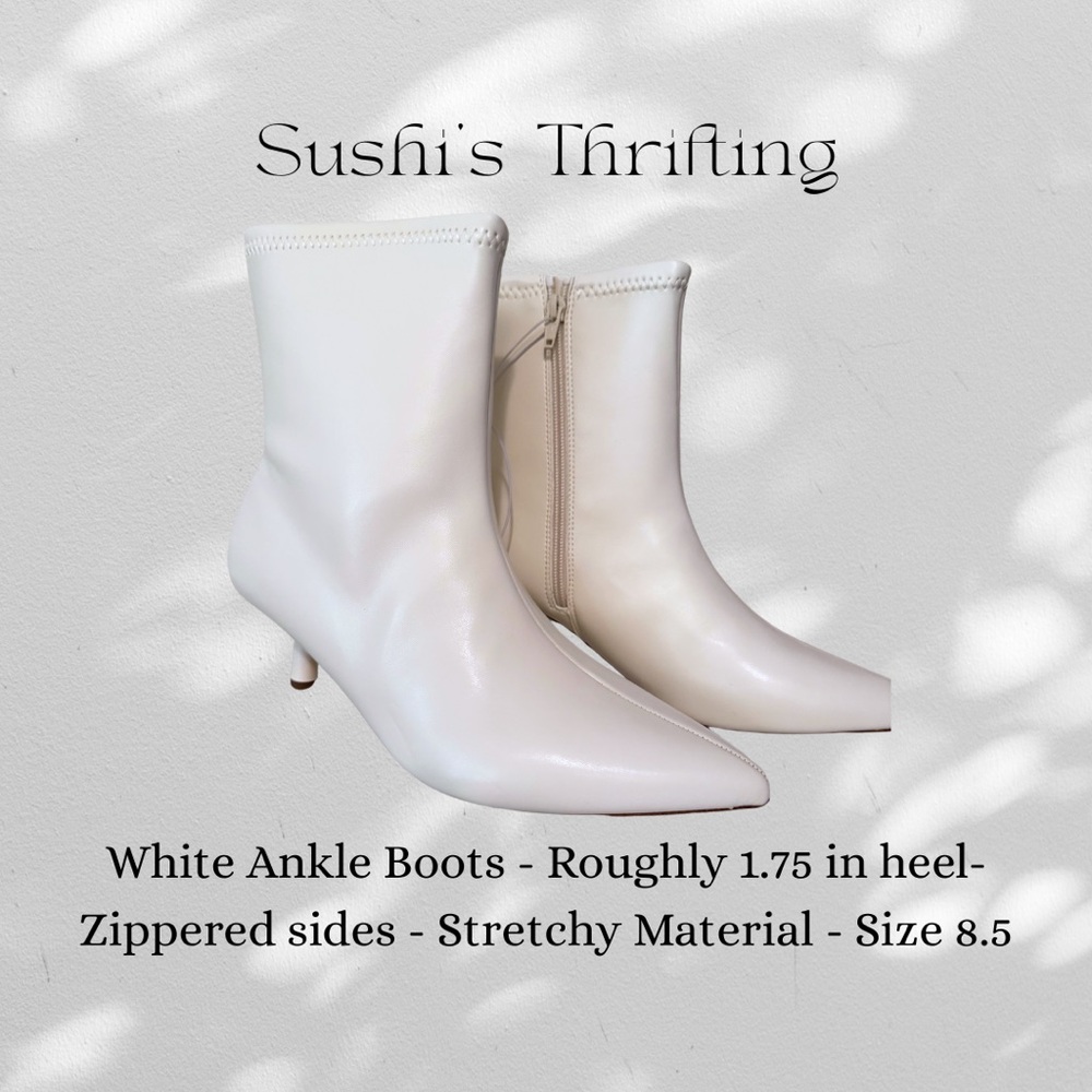 White Ankle Boots with Pointed Toe and Zipper Size 8.5